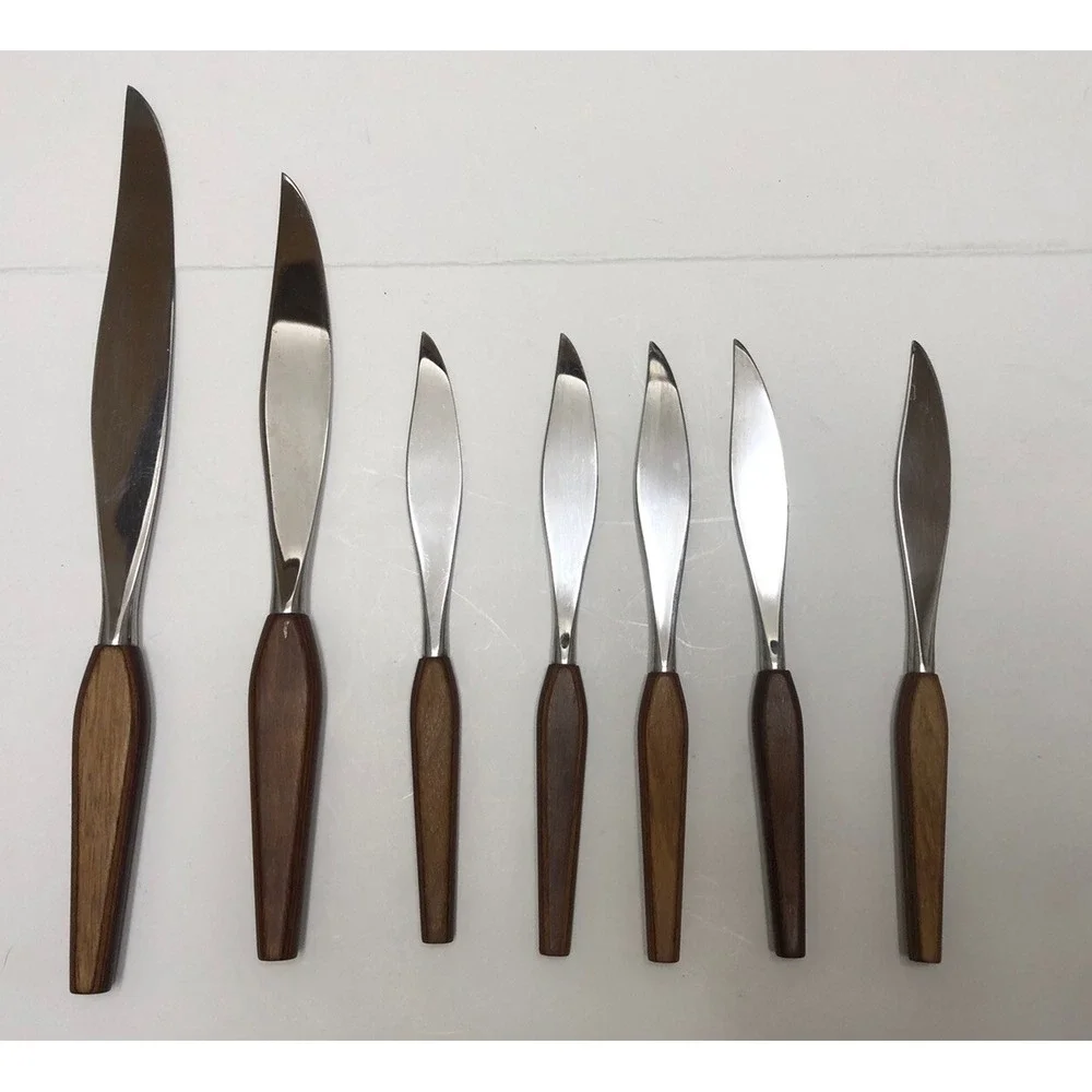 Vintage MCM Fleetwood Teak Handles 5 Pc Steak Knife & 2 Carving Knife Set‎